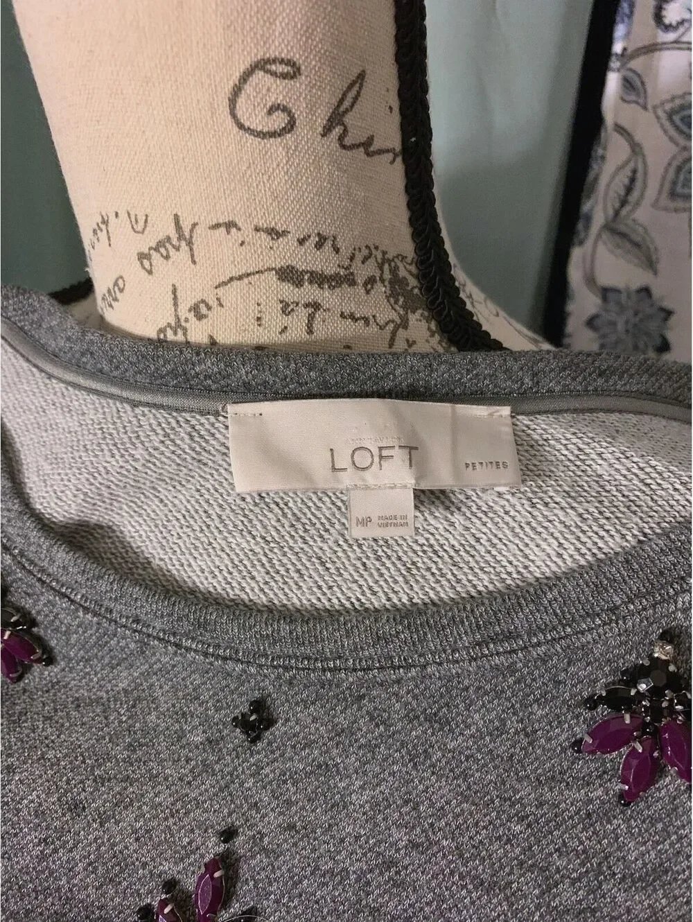 LOFT Gray Embellished Long Sleeve Sweater